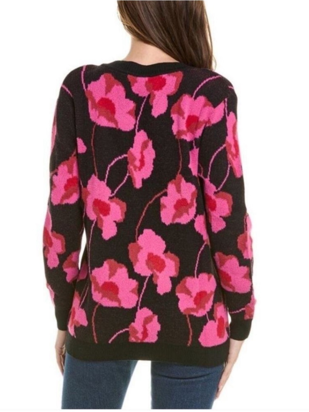 Cabi Rococo Floral V Neck Pullover Sweater Peony Print Pink Black Size XL - Picture 2 of 9